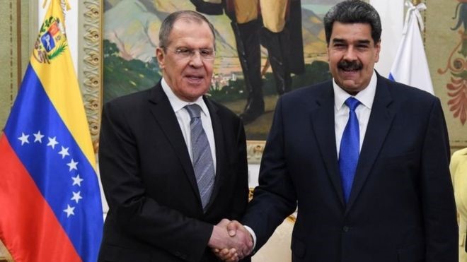 Russian Foreign Minister Sergei Lavrov (left) and Venezuelan President Nicolás Maduro in Caracas. Photo: 7 February 2020